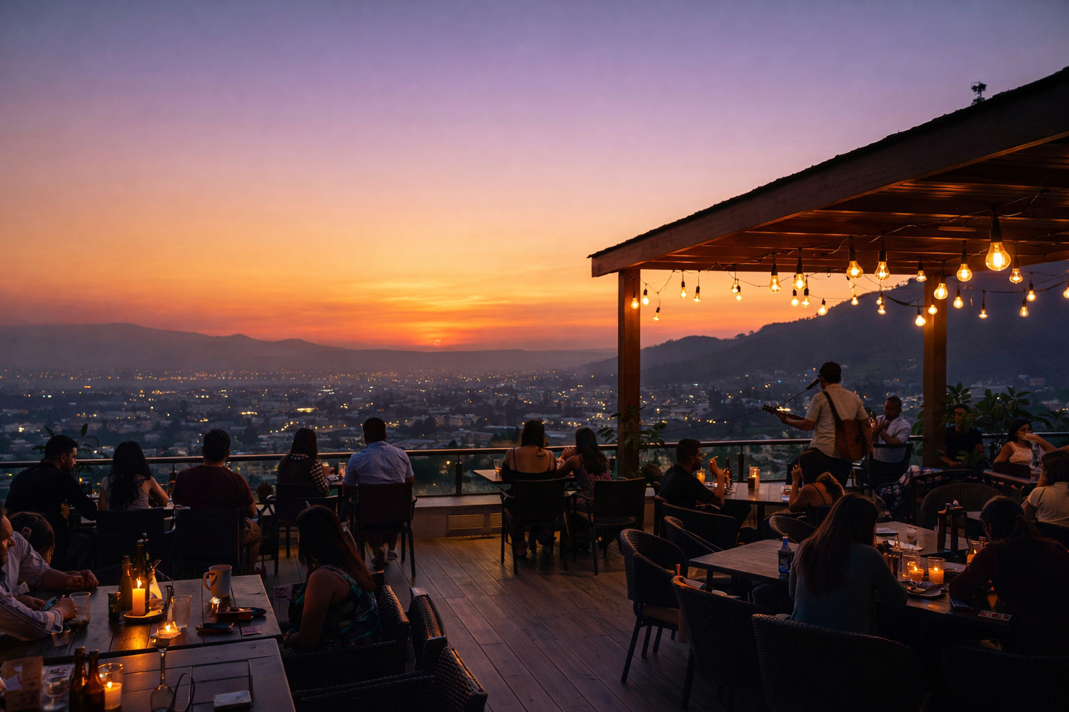Rooftop cafe in Dehradun during evening with city view